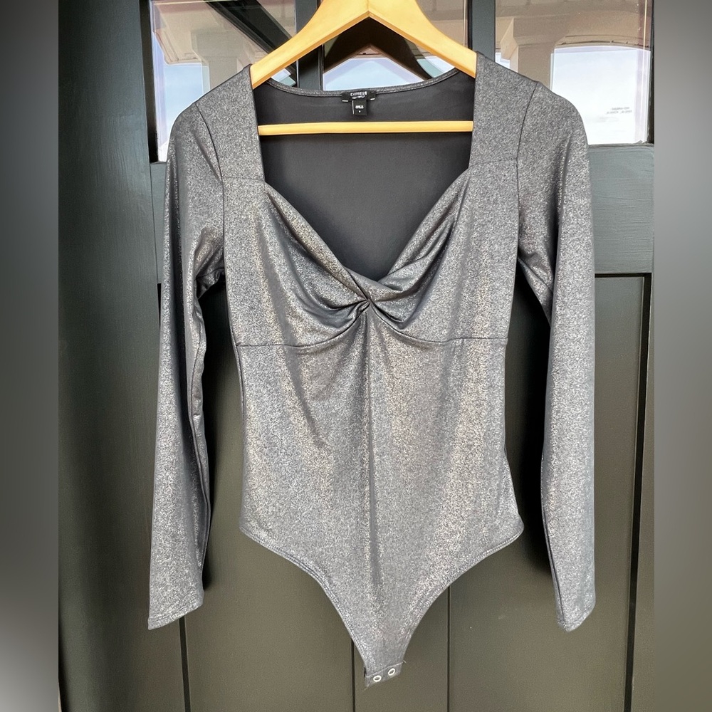 Express Women's Small Black Metallic Bodysuit Contour Twist front Long Sleeve